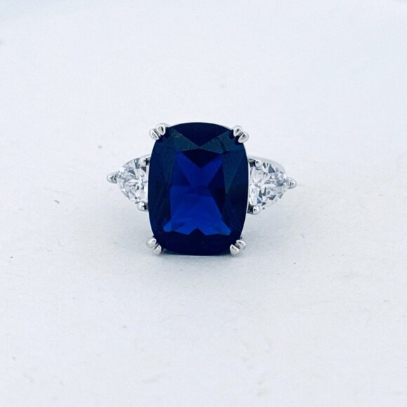 Estate 925 Silver Simulated Sapphire Ring w/ CZ Accents Rhodium Plated Sz 6 - Picture 1 of 10